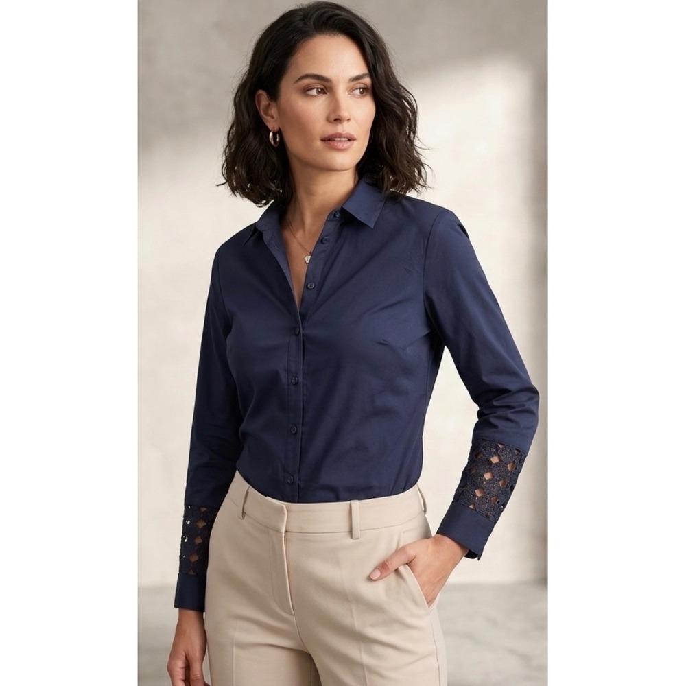 Zac & Rachel Button Down Shirt Navy Blue Eyelet Cuff Blouse Women XL